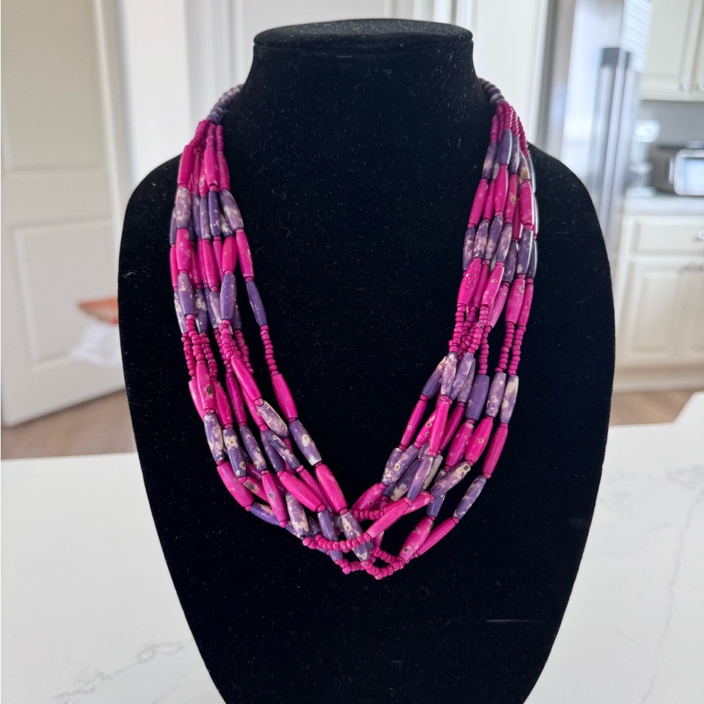 Cute Boho Wood Beaded 8 Strand Necklace in Fuchsia from Thailand